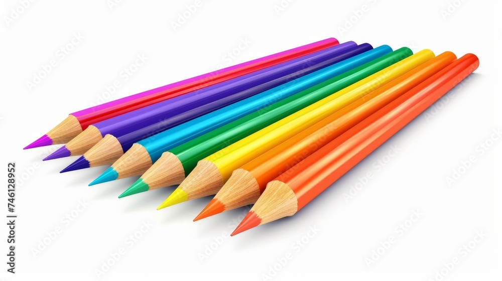A set of color pencils arranged on a white background