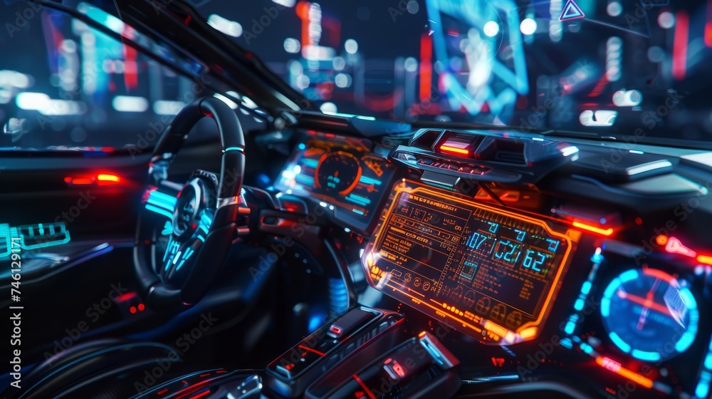 The concept of future transportation or smart cars depicted through a car cockpit featuring an AI interface The concept of future transportation or smart cars depicted through a car cockpit featuring an AI interface