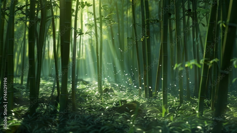 Tilt-Shift Anime Scene of Bamboo Forest with Sunlight and Shadows