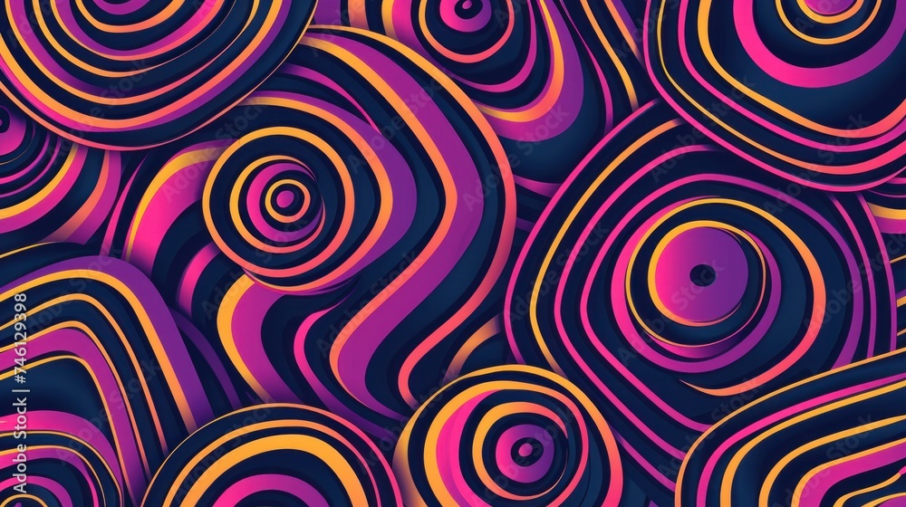 An eccentric and vibrant psychedelic pattern in the googie style, presenting an abstract vector background with a mesmerizing 3D torus shape. An eccentric and vibrant psychedelic pattern in the googie style, presenting an abstract vector background with a mesmerizing 3D torus shape.
