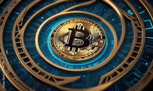 A Bitcoin coin sits at the core of a digital orbit, emphasizing the central role of cryptocurrency in the digital age. AI Generative