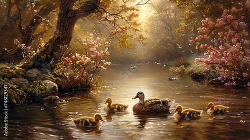 Ducks in the lake - A family of ducks swimming in a serene pond surrounded by budding trees and vibrant spring foliage