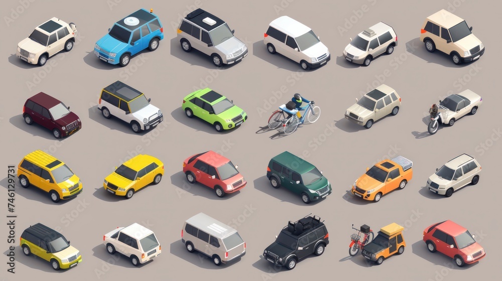 High-quality flat 3D isometric icon set featuring various city transport vehicles, including buses, sedans, vans, cargo trucks, bikes, and sport cars, catering to urban public - obrazy, fototapety, plakaty 