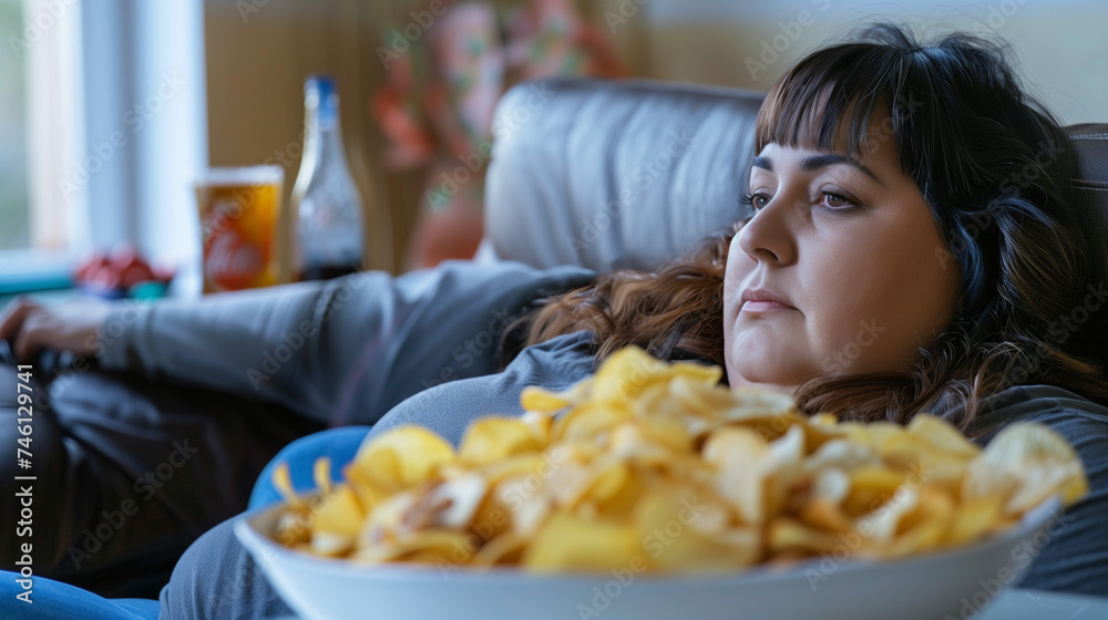 Overweight woman with a bag of chips and a drink sitting in an armchair and watching television. Overweight woman with a bag of chips and a drink sitting in an armchair and watching television.