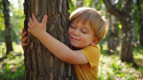 A small child hugging a tree in the forest. Nature Lover. Sustainability and Future Concept.
