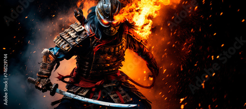 Samurai Fury  The midst of battle  a badass samurai dons full body armor  fierce and fearless  attacking with a katana amidst swirling smoke and intense flames  embodying the spirit of ancient Japan