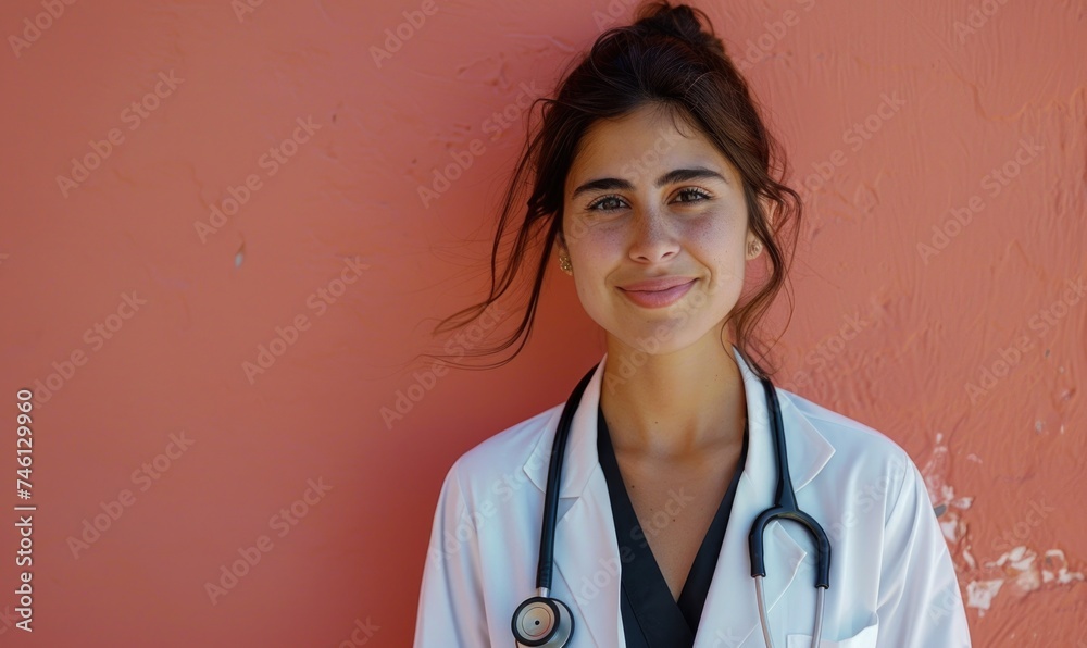 Portrait of smiling nurse with stethoscope looking at camera on pink background. Doctor. Medicine and healthcare. Portrait of smiling nurse with stethoscope looking at camera on pink background. Doctor. Medicine and healthcare.