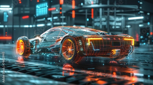 A futuristic car depicted alongside a wireframe intersection, set within a digital user interface environment. (3D Illustration)