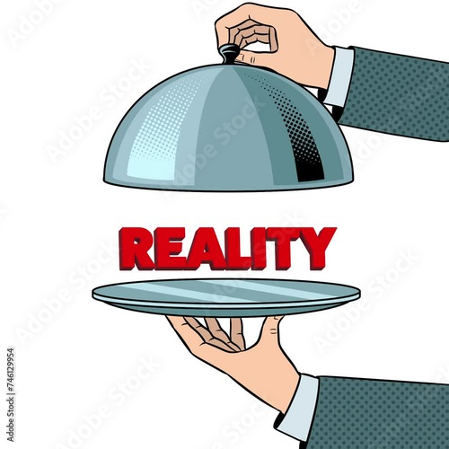 Reality on serving tray plate. Video animation on white background. Hand drawn in a cartoon style. High quality 4k footage