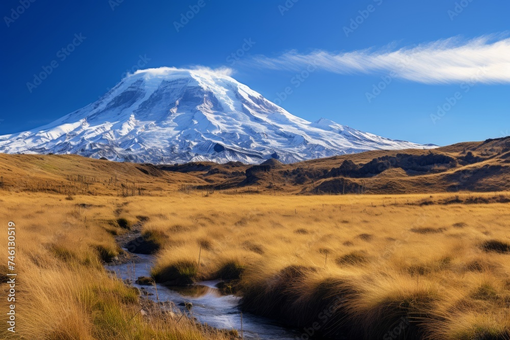 chimborazo mountain landscape with snow covered peak on sunny day