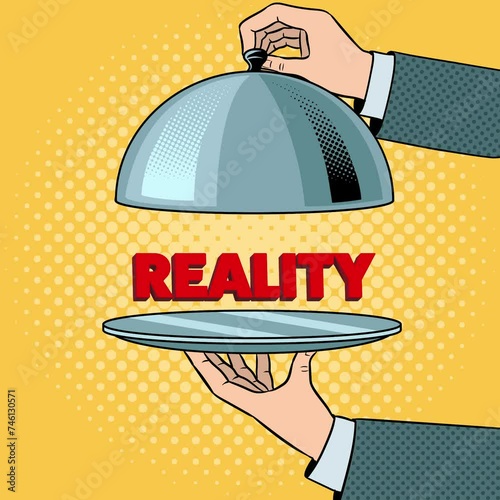 Reality on serving tray plate. Video animation on yellow background. Hand drawn in a cartoon style. High quality 4k footage