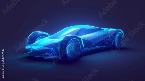 A vector illustration of a holographic, futuristic polygonal model of an automobile. This smart AI auto is depicted with wireframe in a low-poly style, embodying a futuristic concept © Orxan