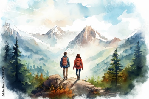 couple traveling and hiking with backpacks in mountains watercolor illustration. Backpackers tourists. Couples coals. Active lifestyle. photo