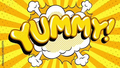 Yummy word pop art comic book style retro hand drawn on yellow background. Thin clean lines video animation. High quality 4k footage. 