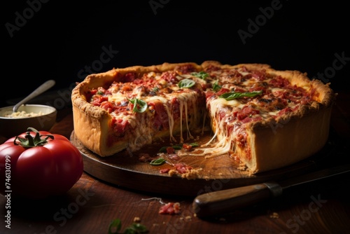 deep dish pizza pie closeup. Homemade American classic favorite comfort food.