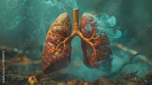 Image that expresses the concept of the no smoking day, and that represents the harmful impact that smoking has on the health of the lungs. Generative AI