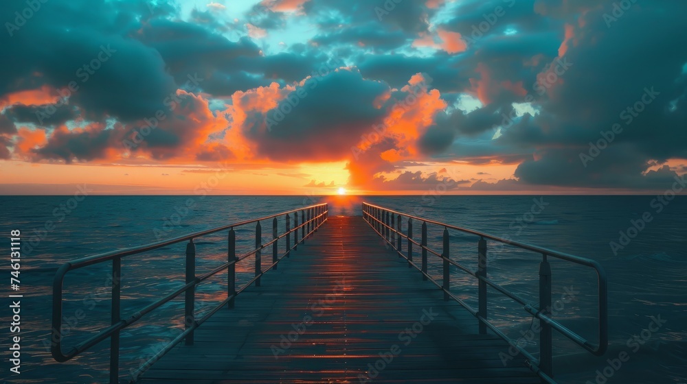 A long wooden pier with metal railings extends into the rippling seawater, creating a mesmerizing view against a backdrop of orange and black clouds floating in a blue sky during sunset