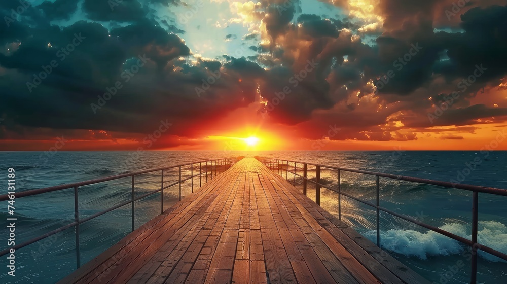 A long wooden pier with metal railings extends into the rippling seawater, creating a mesmerizing view against a backdrop of orange and black clouds floating in a blue sky during sunset - obrazy, fototapety, plakaty 