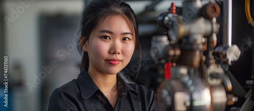An Asian woman wearing a black shirt is standing in front of a machine, possibly working or inspecting it. Her demeanor indicates focus and concentration on the task at hand. photo
