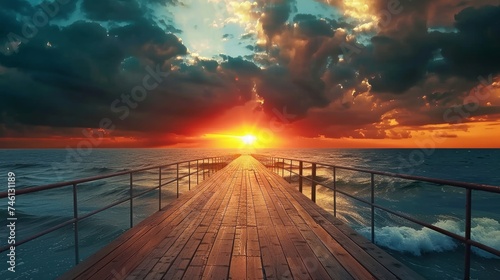 A long wooden pier with metal railings extends into the rippling seawater, creating a mesmerizing view against a backdrop of orange and black clouds floating in a blue sky during sunset