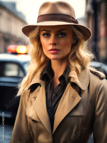Diverse caucasian female Detective solving a crime, for mystery book cover. © lobro