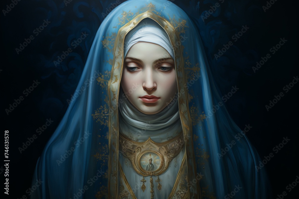 Compassionate Mary virgin. Holy art religious saint. Fictional person. Generate Ai Compassionate Mary virgin. Holy art religious saint. Fictional person. Generate Ai