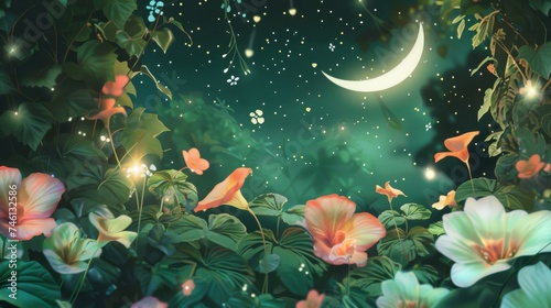 Minimalist Anime Magical Garden Background with Oversized Flowers.