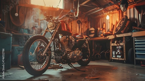 Custom Bobber Motorbike Standing in an Authentic Creative Workshop. Vintage Style Motorcycle Under Warm Lamp Light in a Garage. photo