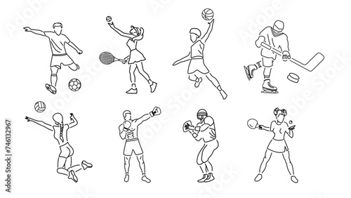 A concept for sports betting from playing different sports games in black on a white background. Icons and silhouettes of people.