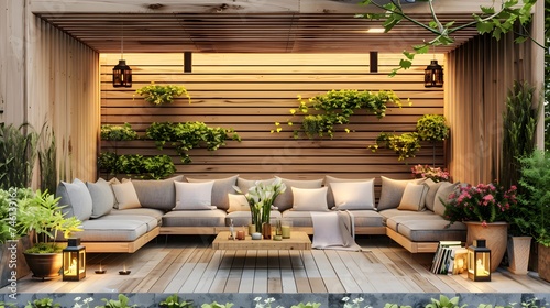 Terrace house with plants, wooden wall and table, comfortable sofa with pillows, flowers and lanterns. Cozy space in patio. Wooden verande with garden furniture. Modern lounge outdoors in backyard, photo