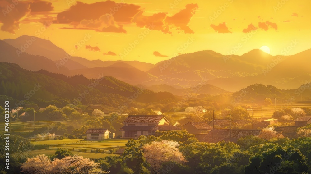 Tilt-Shift Anime Background of Serene Village at Sunset.