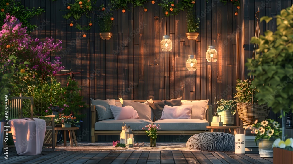 Terrace house with plants, wooden wall and table, comfortable sofa with pillows, flowers and lanterns. Cozy space in patio. Wooden verande with garden furniture. Modern lounge outdoors in backyard, - obrazy, fototapety, plakaty 