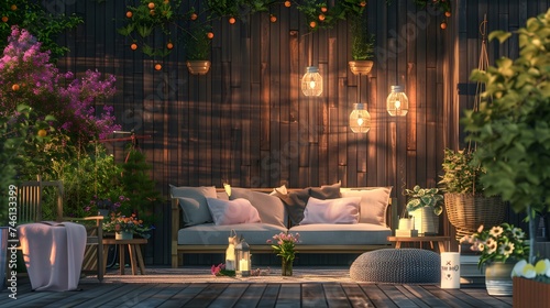 Terrace house with plants  wooden wall and table  comfortable sofa with pillows  flowers and lanterns. Cozy space in patio. Wooden verande with garden furniture. Modern lounge outdoors in backyard 