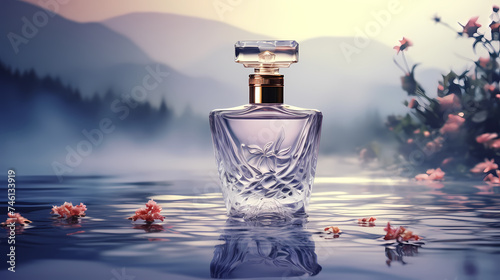 Perfume transparent bottle on pastel background, perfume display © ma
