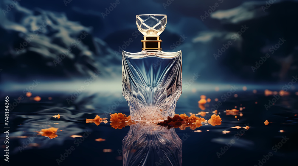 Perfume transparent bottle on pastel background, perfume display - obrazy, fototapety, plakaty 