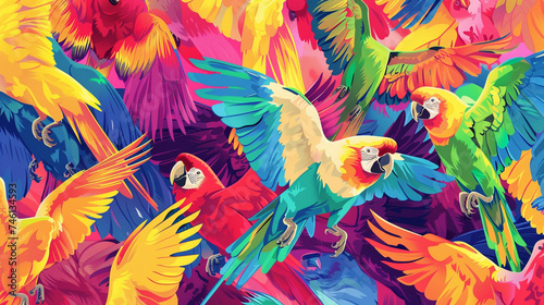 Poster design shows lots of vibrant colorful birds in various colors, in the style of pattern-based painting. © Aisyaqilumar