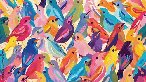 Poster design shows lots of vibrant colorful birds in various colors  in the style of pattern-based painting.