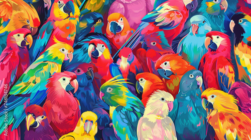 Poster design shows lots of vibrant colorful birds in various colors, in the style of pattern-based painting. photo