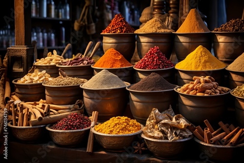 Colorful powder spices market. Cooking herb. Generate Ai