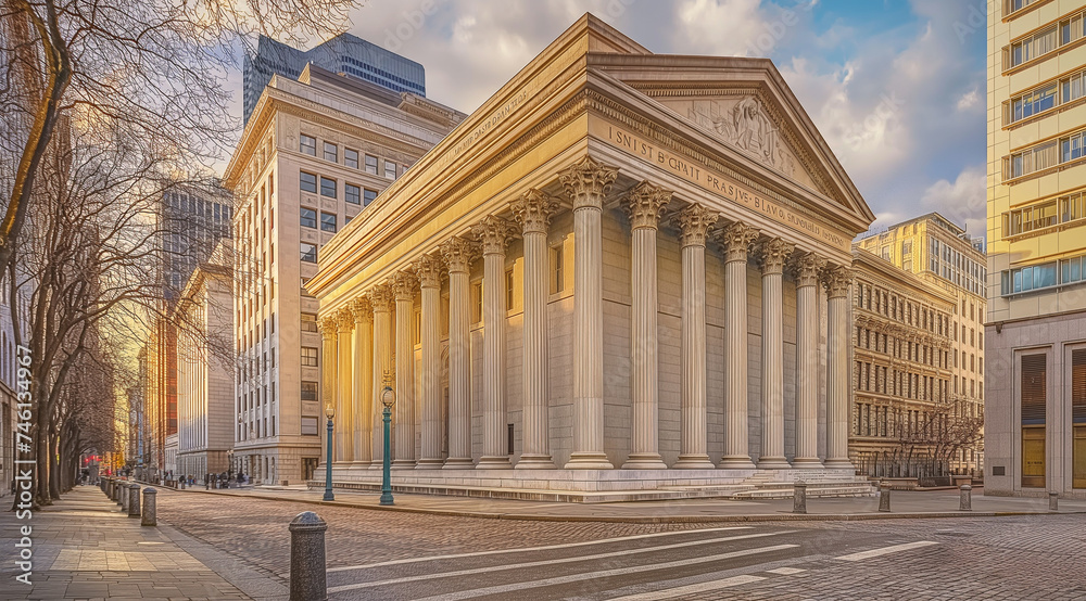 a classic financial district building with towering columns, embodying economic power and stability