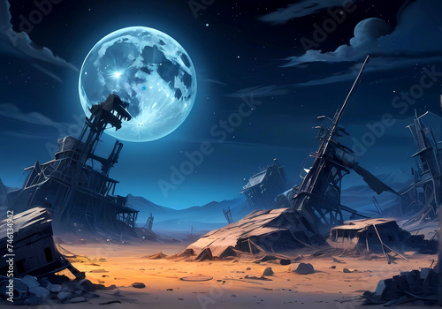 満月と世紀末惑星移住滅亡文明の光景