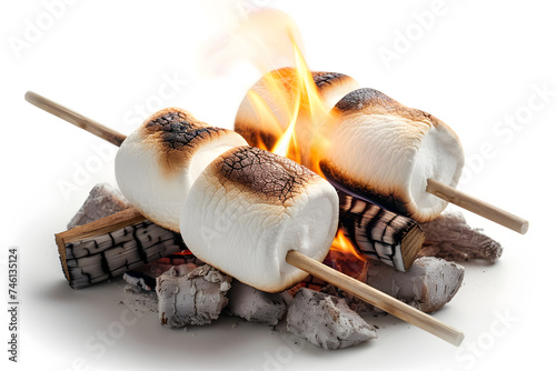 Toasted Marshmallows On A Stick Being Cooked Over a Campfire on a solid white background photo