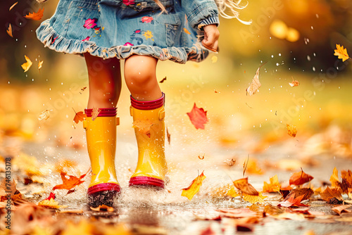 Young Child in Yellow Rain Boots Splashing Through Autumn Leaves on a Sunny Day