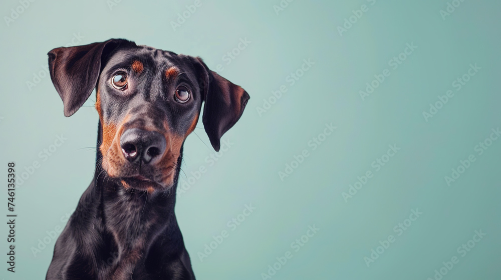 Adorable doberman pinscher dog with curious questioning face isolated on light pastel background with copy space. Studio portrait photo. Adorable doberman pinscher dog with curious questioning face isolated on light pastel background with copy space. Studio portrait photo.