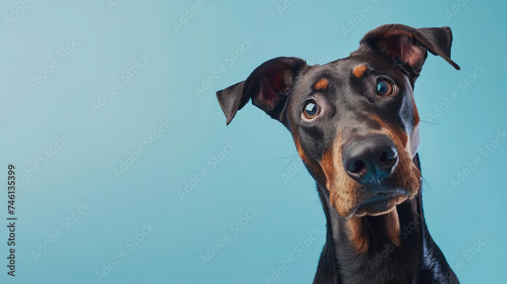 Adorable doberman pinscher dog with curious questioning face isolated on light pastel background with copy space. Studio portrait photo. Adorable doberman pinscher dog with curious questioning face isolated on light pastel background with copy space. Studio portrait photo.