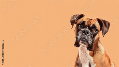 Adorable boxer dog with curious questioning face isolated on light orange background with copy space. Studio portrait photo. © Tepsarit
