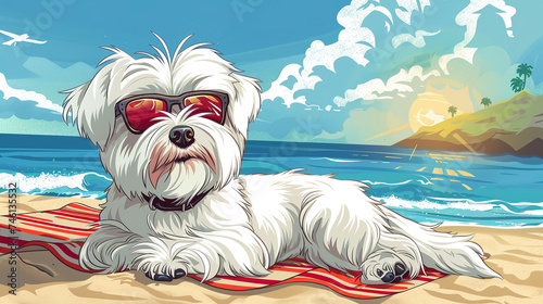 Cool looking maltese dog at the beach. Comic style illustration. photo