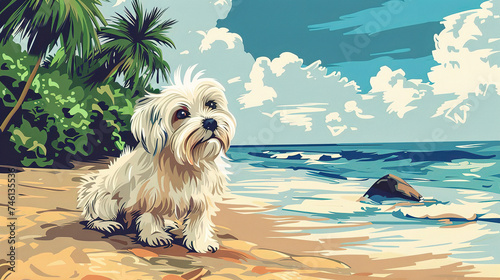 Cool looking maltese dog at the beach. Comic style illustration. © Tepsarit