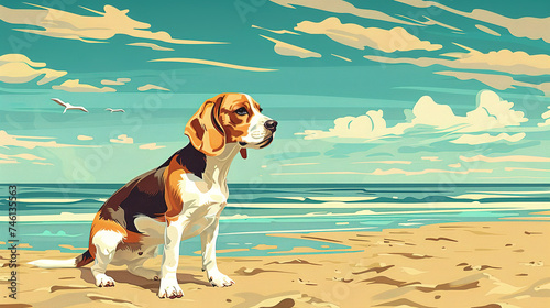Cool looking beagle dog at the beach. Comic style illustration.