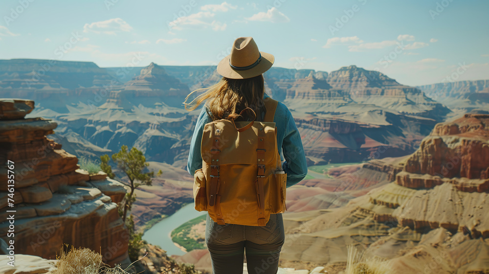 Back view of Tourist woman with hat and backpack on vacation at grand canyon national park. Digital illustration generative AI.
